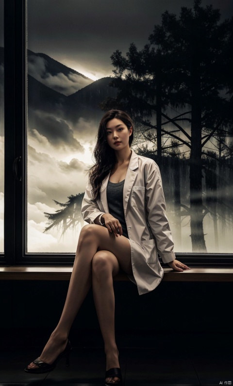  (RAW photo, best quality),(realistic, photo-Realistic:1.1),best quality,extremeow angle,masterpiece,beautiful and aesthetic,16K,(HDR:1.2),closeup,focus on leg,A Japanese girl in a lab coat and shorts,sitting on a high stool with her legs crossed,holding a smoking beaker in her hand,close-up shot from a low angle,detailed skin,realistic,in a bio lab,behind a large glass window,a huge monster's eye is looking in,the glass is full of raindrops and fog,transparent,thunder,high contrast,heavy rain,night,blackout,lightning, plns,yujie
