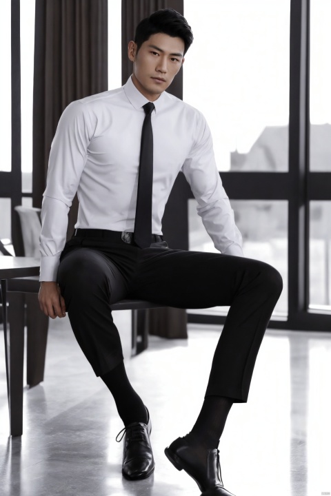  jzns, zuk,1man,masterpiece, realistic, best quality, highly detailed, Ultra High Resolution,profession,male focus,asian,exquisite facial features,handsome,shirt,armband,necktie,pants,(black sheer socks:1.1),no footwear,sitting,Volumetric lighting,blurry,full shot,flm, jznssw,