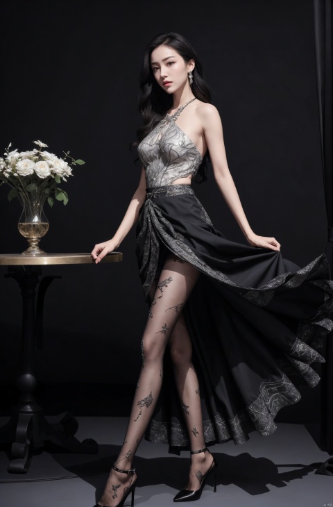  elegant asian woman in a black Mosaic dress,dance, Fairy, crystal, jewels,Crystal clear,eyeshadow,,dynamic pose,(the skirt sways with the wind:1.2),(skirt_hold:1.2),,high heels,Charming eyes,sideways_glance,exquisite facial features,slim legs,graceful yet melancholic posture,full shot,dutch angle,from_side,medium_shot,soft lighting,dramatic,perfect lighting,simple_background,(masterpiece, realistic, best quality, highly detailed, Ultra High Resolution, Photo Art, profession,cinematic_angle),plns,sw,1girl, dress,nature,colorful, sunyunzhu, blackpantyhose,print legwear