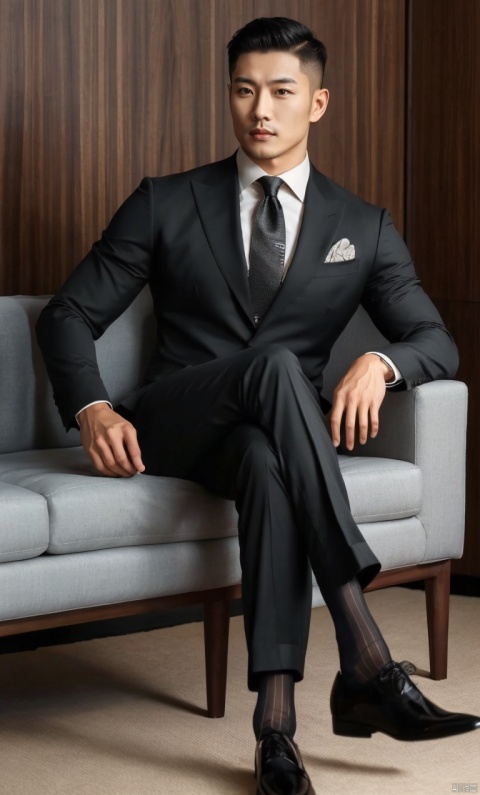 1man,Asian,solo,male focus,exquisite facial features,handsome,charming,muscular,suit,pants,(black sheer socks),footwear,crossed legs,masterpiece,realistic,best quality,highly detailed, jzns, , jznssw