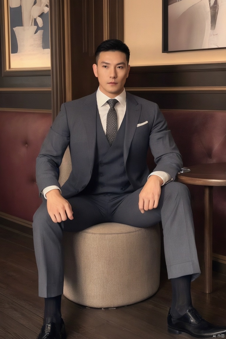 1man,(masterpiece, realistic, best quality, highly detailed, Ultra High Resolution,profession),male focus,asian,Confident Dressing,exquisite facial features,handsome,deep eyes,muscular,suit,Dress pants,(sheer socks:1.2),footwear,Tailored Fit,Quality Fabrics,graceful yet melancholic posture,leaning in a pub,soft lighting,full shot,dutch angle,from_side,medium_shot,jzns,br, jzns, dress