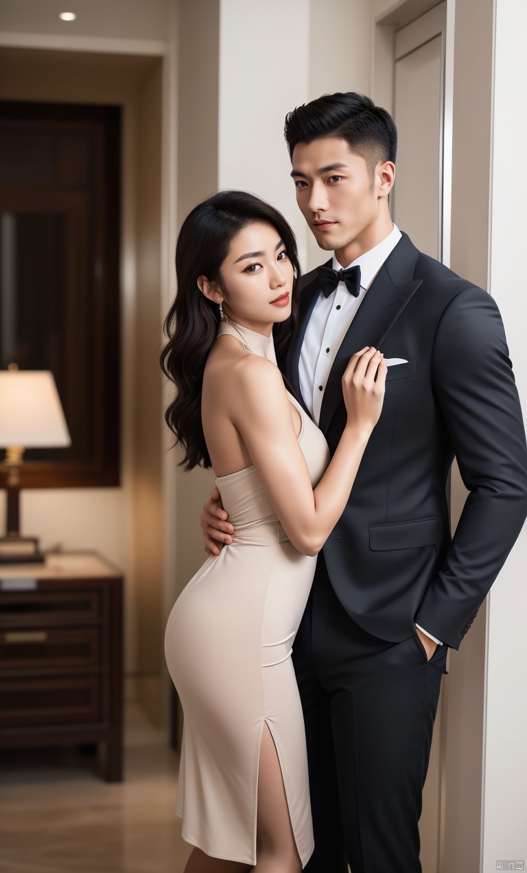  👫,a Handsome man and a sexy woman hugging together,standing,Asian,exquisite facial features,(muscular man wearing formal suit), (slim woman wearing halter dress ,nude pantyhose,curl hair), face to face, affectionate, charming eyes,simple background,available light,full shot,Ultra High Resolution,profession,High-end fashion photoshoot,(masterpiece, HD,Raw photo,8K,HDR,realistic, best quality, highly detailed),jzns,plns,pjcouple,karry