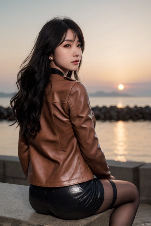  plns,1girl,masterpieces,best quality,(ultra_detailed),(realistic:1.9),(photorealistic:1.9),shallow depth of field,semi-backlit,lens flare,sensual girl,Asian,shot from the side,wide-angle,(at pier),(at dusk),(sitting on DUCATI),plump,wavy long hair,built bangs,drooping eyes,wide-set eyes,lovely round eyes,looking away,round face,(leather jacket),(hot shorts),pantyhose,soft wind blowing, 1girl