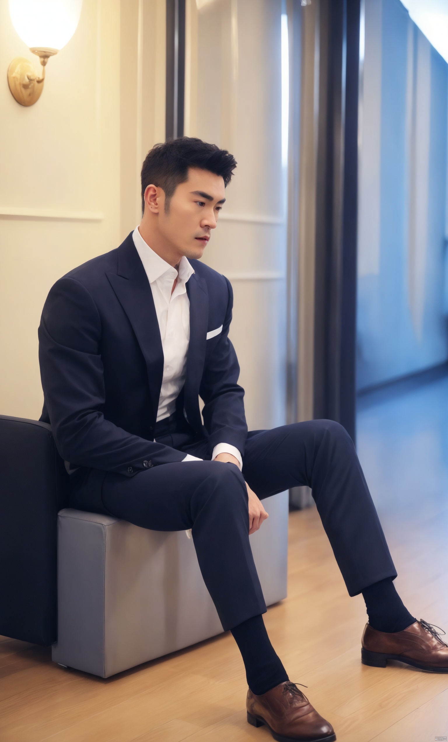  1man,fashion model,male focus,(masterpiece, realistic, best quality, highly detailed,Ultra High Resolution,Photo Art,profession),asian,exquisite facial features,handsome,deep eyes,(tuxedo,Waist seal),pants,sheer socks,footwear,sitting,indoors,night lighting,neon,full body,blurry,jzns,dyzgqzm, , jzns