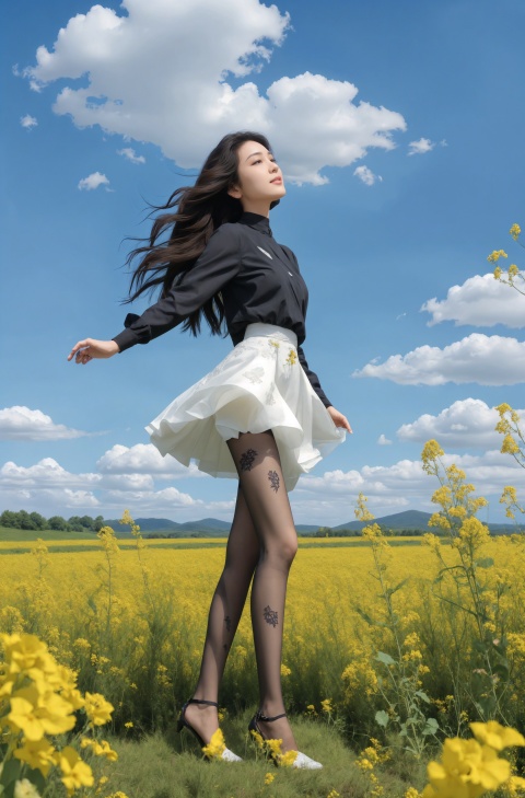  elegant asian woman in a black Mosaic dress,standing in a field of flowering rape flowers against a backdrop of blue skies and white clouds, Fairy, crystal, jewels,Crystal clear,eyeshadow,dynamic pose,(the skirt sways with the wind:1.2),(skirt_hold:1.2),high heels,Charming eyes,sideways_glance,exquisite facial features,slim legs,graceful yet melancholic posture,full shot,dutch angle,from_side,medium_shot,soft lighting,dramatic,perfect lighting,simple_background,(masterpiece, realistic, best quality, highly detailed, Ultra High Resolution, Photo Art, profession,cinematic_angle),plns,sw,1girl, dress,nature,colorful, sunyunzhu, blackpantyhose,print legwear