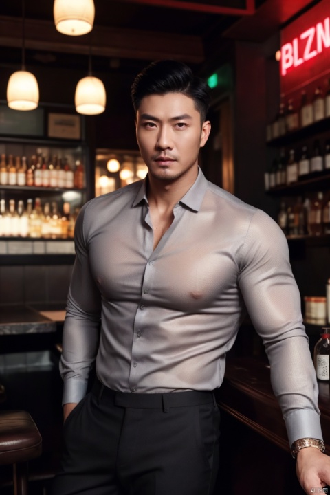  1man,fashion model,male focus,(masterpiece, realistic, best quality, highly detailed,profession),asian,exquisite facial features,handsome,deep eyes,large pectorales,(tight dark red see-through shirt),grey pants,in pub,night lighting,neon, cinematic composition,blurry,jzns, hzbz