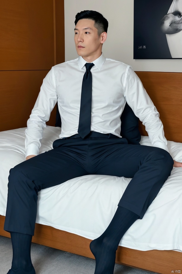  1man,male focus,asian,exquisite facial features,handsome,deep eyes,muscular,suit,pants,(navy sheer socks:1.2),footwear,solitary and mysterious atmosphere,graceful yet melancholic posture,full shot,dutch angle,from_side,medium_shot,dramatic,Tyndall effect,(masterpiece, realistic, best quality, highly detailed, Ultra High Resolution, Photo Art, profession),jzns,br, jzns