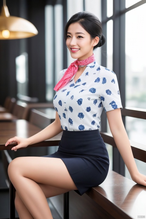  plns,dhkj,1girl,asian,solo,pretty,charming,exquisite facial features,smile,(dh shirt:1.2),skirt,nude pantyhose,black hair,Silk scarves,high heels,(full shot),in cafe,drinking,(ambient light),(cinematic composition),Accent Lighting,Volumetric lighting,plns,blurry,(masterpiece, realistic, best quality, highly detailed, profession),plns,dhkj