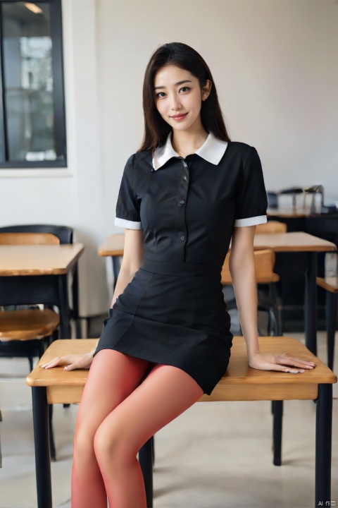  masterpiece,bestquality,realistic,8k,officialart,ultrahighres,school uniforms,1girl, plsw,red legwear,sitting, plns