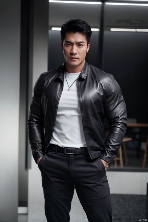  1man,asian,solo,exquisite facial features,deep eyes,handsome,male focus,muscular,tight shirt,jacket,black slim fit leather pants,belt,bulge,standing,full body,Natural light,Grey Film filter,(Canon RF 85mm f/1.2),Dynamic angle,(masterpiece, realistic, Realism, best quality, highly detailed, 8K Ultra HD, sharp focus, profession), jzns,chg