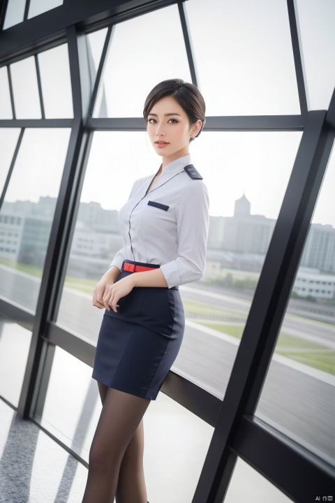  1girl,asian,solo,female focus,pretty,Charming eyes,exquisite facial features,short hair,dh shirt,skirt,aviation uniforms,black pantyhose,high heels,standing,indoors,beautifully detailed background,(ambient light:1.3),(cinematic composition:1.3),Accent Lighting,Volumetric lighting,plns,blurry,(masterpiece, realistic, best quality, highly detailed, profession),plns,kongjie,dhkj