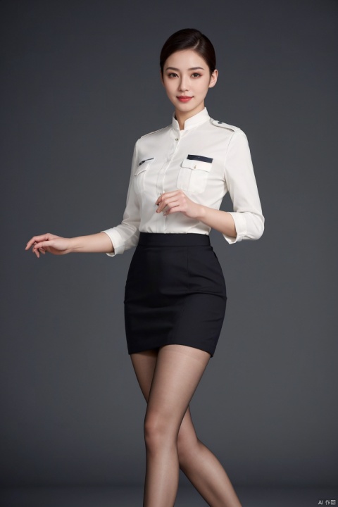  1girl,fashion model,female focus,(masterpiece, realistic, best quality, highly detailed, profession),asian,pretty,Charming eyes,exquisite facial features,short hair,skirt,aviation uniforms,black pantyhose,high heels,standing,full shot,blurry, plns,kongjie