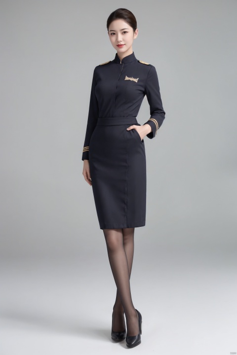  plns,kongjie,1girl,aviation uniforms,asian,pretty,Charming,exquisite facial features,short hair,pencil skirt,black pantyhose,high heels,standing,simple_background,full shot,blurry,(masterpiece, realistic, best quality, highly detailed, profession), dress