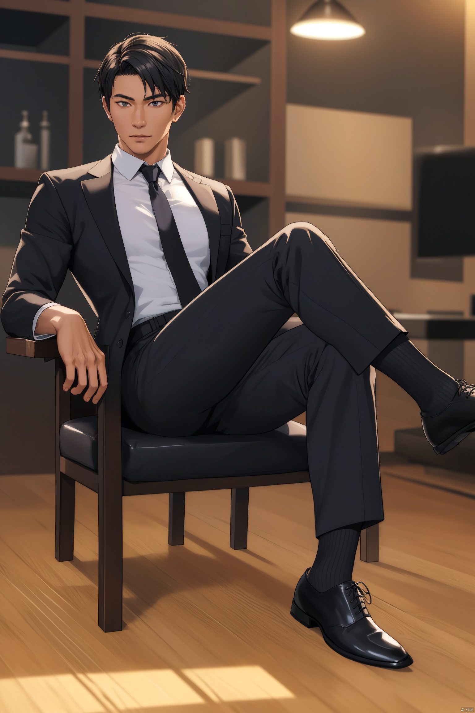  jzns, zuk,1man,masterpiece, realistic, best quality, highly detailed, Ultra High Resolution,profession,male focus,asian,exquisite facial features,handsome,shirt,armband,necktie,pants,(black sheer socks:1.1),footwear,sitting,Volumetric lighting,blurry,full shot,flm, jznssw,
