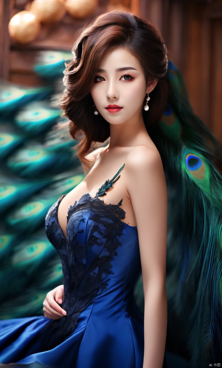 Masterpiece, best quality, bust, 1girl, Peacock princess, blue dress, exquisite face, sexy, white skin, breasts, HD photography, (Peacock) , ((poakl)), plns,laxu