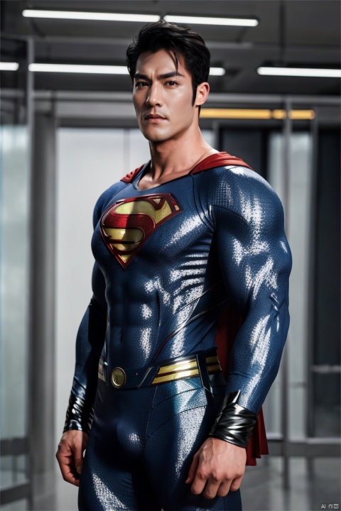  jzns,1man,superman tight uniform,male focus,asian,exquisite facial features,handsome,Volumetric lighting,blurry,full shot,masterpiece, realistic, best quality, highly detailed, Ultra High Resolution,profession, jznssw,chg
