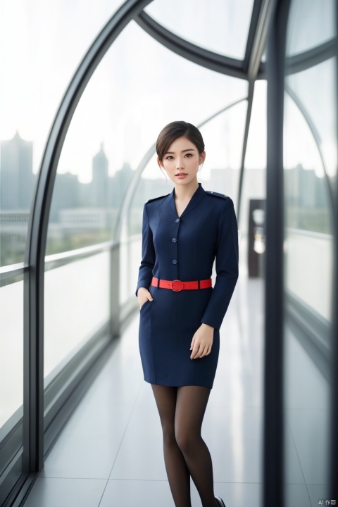 1girl,asian,solo,fashion model,female focus,pretty,Charming eyes,exquisite facial features,short hair,shirt,skirt,aviation uniforms,black pantyhose,high heels,standing,indoors,full shot,beautifully detailed background,(ambient light:1.3),(cinematic composition:1.3),Accent Lighting,Volumetric lighting,plns,blurry,(masterpiece, realistic, best quality, highly detailed, profession),plns,kongjie,dhkj
