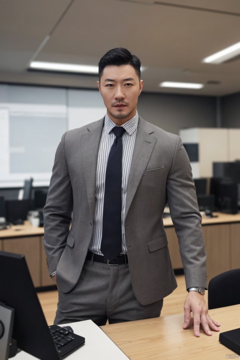  1man,male focus,(masterpiece, realistic, best quality, highly detailed,profession),asian,exquisite facial features,handsome,deep eyes,large pectorales,grey jacket,grey pant,necktie,working out,in office,cinematic composition,blurry,jzns, hzbz