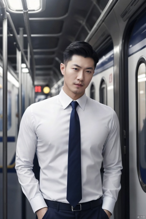 1man,male focus,(masterpiece, realistic, best quality, highly detailed,profession),asian,exquisite facial features,handsome,deep eyes,large pectorales,white shirt,necktie,holding clothes,lean on train interior,(outdoors),cinematic composition,blurry,jzns, hzbz, dress