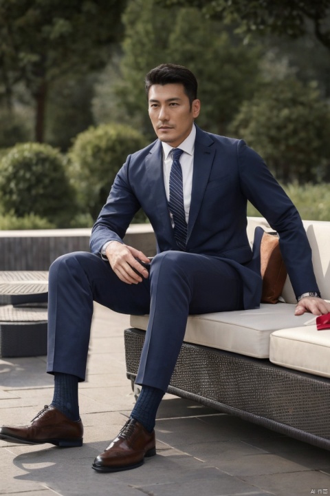  jzns, zuk,1man,male focus,asian,40y.o,exquisite facial features,handsome,Longsleeves shirt,armband,necktie,pants,(navy sheer socks),footwear,sitting,crossed legs,Volumetric lighting,blurry,full shot,outdoors,masterpiece, realistic, best quality, highly detailed, Ultra High Resolution,profession,hbing