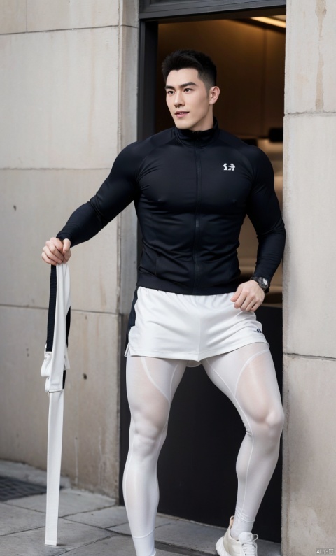  RAW Photo,Masterpiece,High Resolution,photorealistic,best quality,1 Man,asian,flat top hair,textured skin,(white pantyhose:1.3),(tight sport clothes), Sneakers,(running),(full body shot),featuring a captivating appearance and a robust physique,He stands tall and prominent,measuring approximately 1.85 meters in height,His sturdy shoulders reflect his dedication to sports and training,His thick,neatly combed black hair is adorned with slightly tousled bangs,concealing his determined eyebrows,His deep,piercing eyes shimmer with a sharp and intelligent light,revealing his resolute and decisive nature,his chiseled face boasts strong and firm lines,while a hint of stubble on his chin adds to his mature and masculine aura,The corners of his mouth often carry a steadfast and unwavering smile,exuding confidence and authority,Ray Tracing, 1man, tutuhsls,pantyhose,white pantyhose