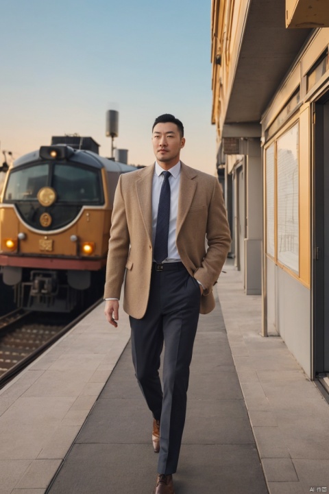  1man,male focus,(masterpiece, realistic, best quality, highly detailed,profession),asian,exquisite facial features,handsome,deep eyes,large pectorales,(full shot),walking down the platform,outdoors,golden hour lighting,winter,80s movie,from below,depth of field,cinematic_angle,