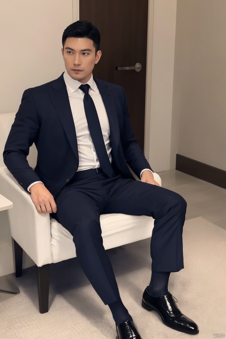  1man,(masterpiece, realistic, best quality, highly detailed, Ultra High Resolution,profession),male focus,asian,Confident Dressing,exquisite facial features,handsome,deep eyes,muscular,suit,Dress pants,(sheer socks),footwear,Tailored Fit,Quality Fabrics,graceful yet melancholic posture,leaning,soft lighting,full shot,dutch angle,from_side,medium_shot,jzns,
