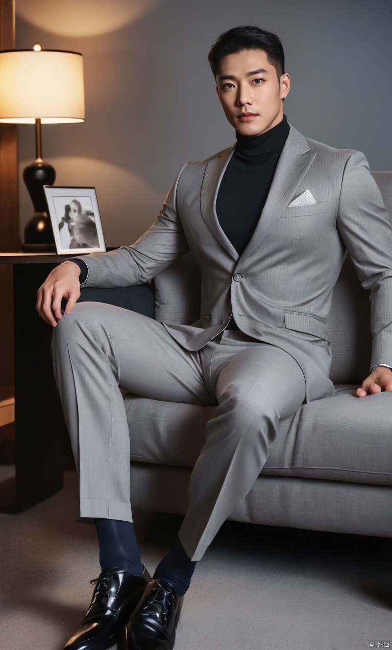  1man,male focus,(masterpiece,Ultra-realistic,best quality, highly detailed),asian,exquisite facial features,suit, grey pants, turtleneck,(sheer socks),footwear,sitting,Volumetric lighting,full body,indoors,jzns, jznssw