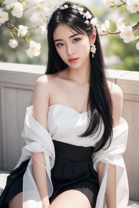  1girl,asian,solo,pretty,charming,exquisite facial features,sideways, with long black hair, fancy hairpins, sitting position, enjoying expression, wearing a shoulder length light gauze skirt, white skirt, transparent light gauze, pure white skin, surrounding petals, petal decoration background, lips, hair flowers, blurred background in the distance, depth of field scene, best proportion, best quality, 8k - HD, high-resolution,plns,buo