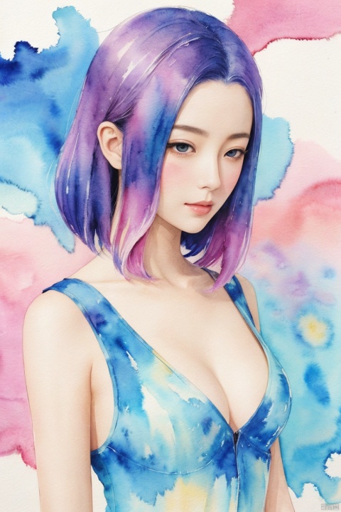  An illustration of a girl painted on paper, combining the vibrant colors of watercolor with the elegance of ink wash painting. The art form takes inspiration from the whimsical charm of manga, infusing it with the organic flow of watercolor pigments. Created with brushes and ink, the image showcases the beauty of fluid lines and translucent hues. The focus is on the girl's graceful posture and expressive features, capturing her personality with a combination of delicate ink details and vibrant watercolor washes. The overall image exudes a captivating blend of manga and watercolor aesthetics,large breasts