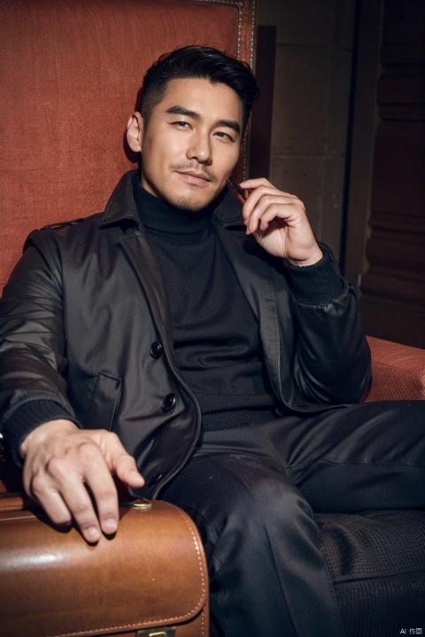  1 Asian man in his late twenties reclines with confidence against a deep red backdrop,His black attire and leather jacket exude a bad-boy aura, complemented by his slicked-back hair and an array of tattoos,A mysterious briefcase and a cigarette add to his enigmatic presence, jzns,hbing