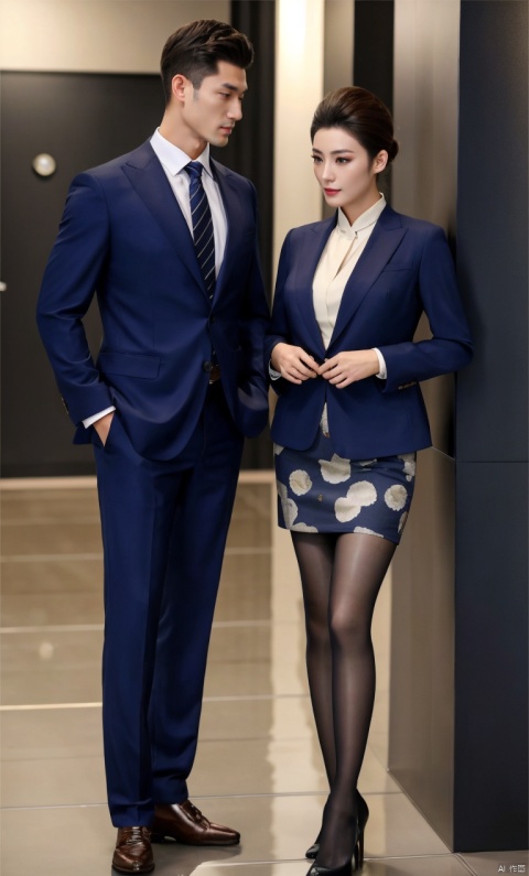  1man and 1woman,handsome,pretty,standing,Asian,exquisite facial features,affectionate,charming eyes,suit,pants,skirt,print pantyhose,high heels,Volumetric lighting,High-end fashion photoshoot,masterpiece,realistic,best quality,highly detailed, jzns, plns, ((poakl)),kongjie