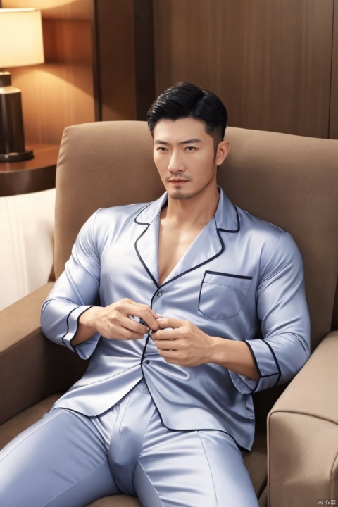  1man,male focus,asian,fashion model,40 y.o,exquisite facial features,handsome,muscular,Silk pajamas,underwear,full shot,masterpiece, realistic, best quality, highly detailed,jzns,hbing, jzns,1man,br, hzbz