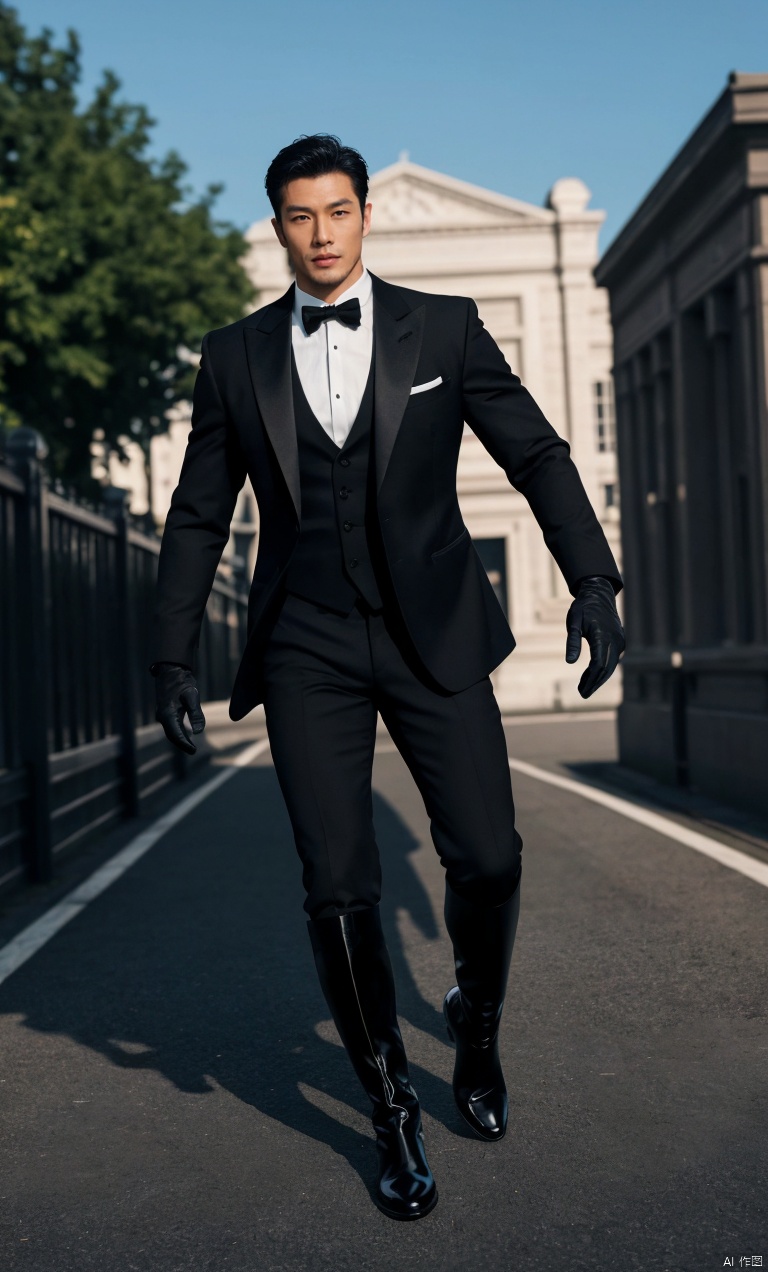  1man,asian,exquisite facial features,handsome,tall,male focus,tuxedo,(black knee_boots),gloves,armband,muscular,full body,model pose,(cinematic composition),Volumetric lighting,blurry,(masterpiece, realistic, high res,best quality, highly detailed),full shot,outdoors,Dynamic angle, jzns