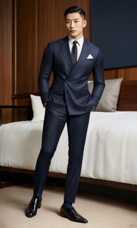  1man,Asian,solo,male focus,exquisite facial features,handsome,charming,muscular,(black suit),pants,(navy shiny sheer socks),footwear,masterpiece,realistic,best quality,highly detailed, jzns,  jznssw