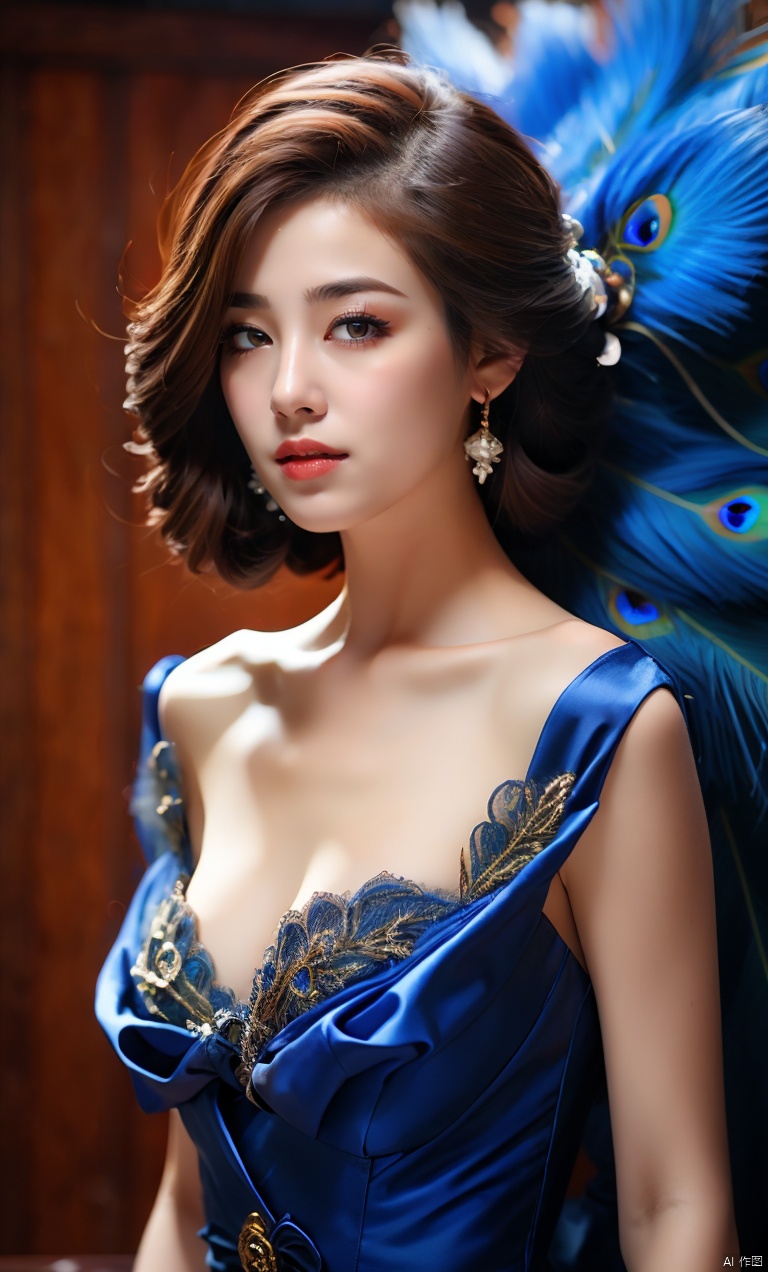  Masterpiece, best quality, bust, 1girl, Peacock princess, blue dress, exquisite face, sexy, white skin, breasts,Cleavage, HD photography, (Peacock) , ((poakl)), plns,laxu