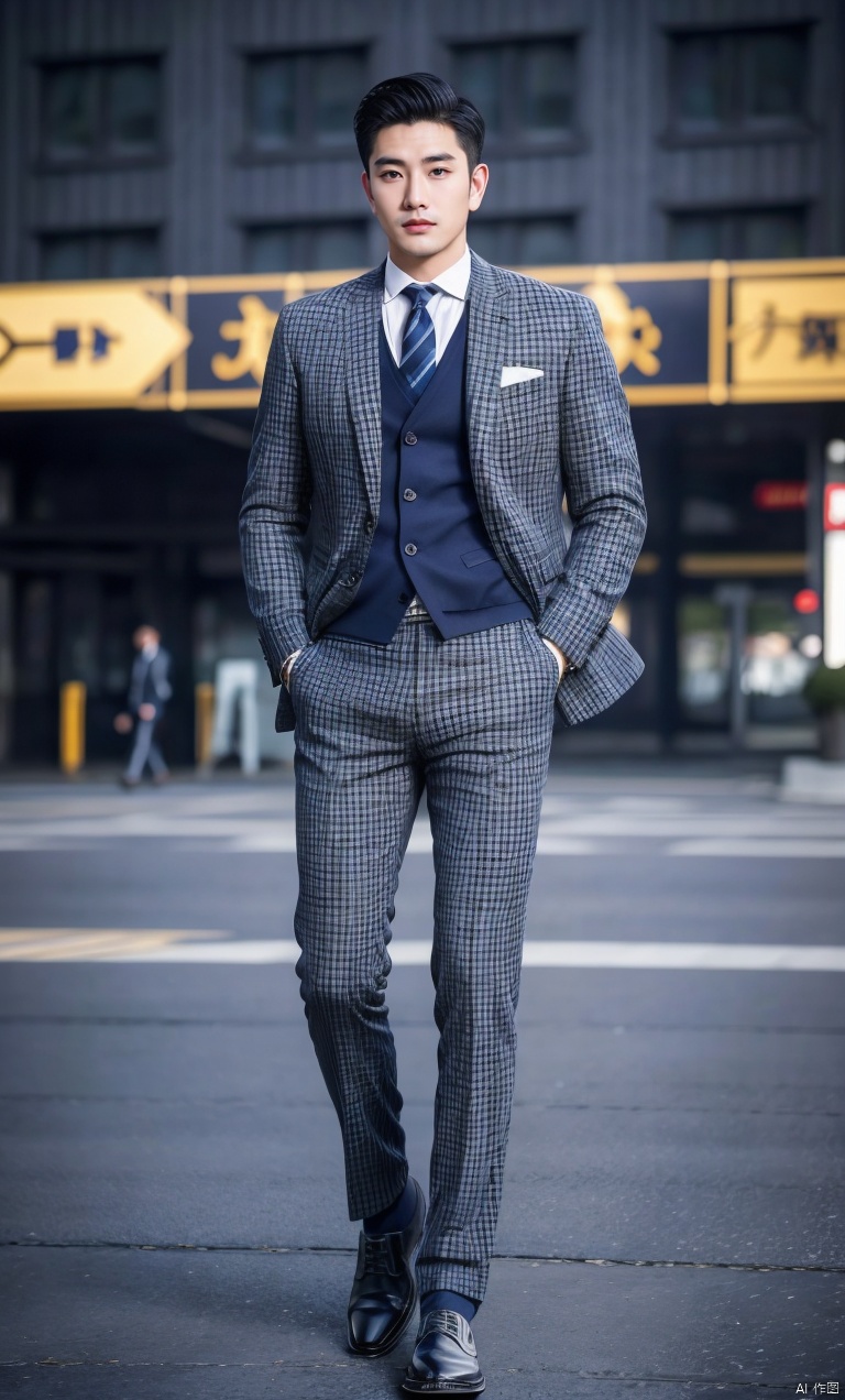  jznssuit,1man,male focus,asian,exquisite facial features,handsome,houndstooth suit,sweaters,navy pants, Accent Lighting,Volumetric lighting,,blurry,full body,outdoors,masterpiece,realistic,best quality,highly detailed,Ultra High Resolution, jzns, jznssw