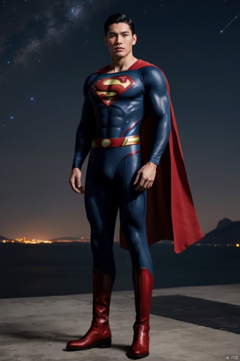 1superman,Asian,solo,male focus,exquisite facial features,handsome,charming,muscular,(full  body superman uniform),tight uniform,red cape,red boots,arm crossed,outdoors,flying in sky,starry sky,meteor shower,dark,((futurism)),(masterpiece,hyperrealistic,best quality,highly detailed,highres,colorful,cyberpunk),jzns,brxu