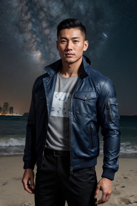 1man,Asian,solo,male focus,exquisite facial features,handsome,charming,muscular,jacket,arm crossed,outdoors,starry sky,meteor shower,on the beach,dark,(masterpiece,realistic,best quality,highly detailed,highres,colorful,cyberpunk),jzns,brxu