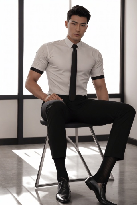  jzns, zuk,1man,masterpiece, realistic, best quality, highly detailed, Ultra High Resolution,profession,male focus,asian,exquisite facial features,handsome,shirt,armband,necktie,pants,(black sheer socks:1.1),no footwear,sitting,Volumetric lighting,blurry,full shot,flm, jznssw,(sheer socks:1.2)