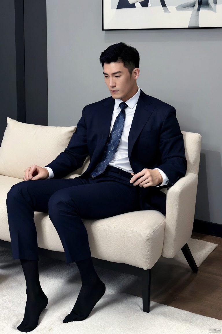  1man,solo,male focus,asian,exquisite facial features,handsome,deep eyes,muscular,navy suit,pants,(black sheer socks),footwear,solitary and mysterious atmosphere,graceful yet melancholic posture,full shot,dutch angle,from_side,medium_shot,dramatic,Magazine covers, perfect lighting,(masterpiece, realistic, best quality, highly detailed, Ultra High Resolution, Photo Art, profession),jzns,dress,
