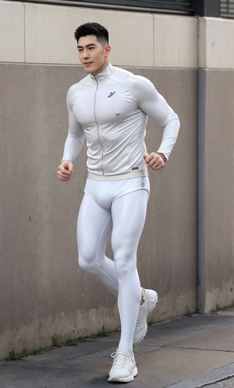  RAW Photo,Masterpiece,High Resolution,photorealistic,best quality,1 Man,asian,flat top hair,textured skin,(white pantyhose:1.3),(tight sport clothes), Sneakers,(running),(full body shot),featuring a captivating appearance and a robust physique,He stands tall and prominent,measuring approximately 1.85 meters in height,His sturdy shoulders reflect his dedication to sports and training,His thick,neatly combed black hair is adorned with slightly tousled bangs,concealing his determined eyebrows,His deep,piercing eyes shimmer with a sharp and intelligent light,revealing his resolute and decisive nature,his chiseled face boasts strong and firm lines,while a hint of stubble on his chin adds to his mature and masculine aura,The corners of his mouth often carry a steadfast and unwavering smile,exuding confidence and authority,Ray Tracing, 1man, tutuhsls,pantyhose,white pantyhose