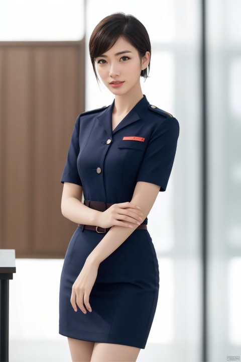  1girl,asian,solo,female focus,pretty,Charming,exquisite facial features,short hair,dh shirt,skirt,aviation uniforms,black pantyhose,high heels,standing,indoors,beautifully detailed background,(ambient light:1.3),(cinematic composition:1.3),Accent Lighting,Volumetric lighting,plns,blurry,(masterpiece, realistic, best quality, highly detailed, profession),plns,kongjie,dhkj