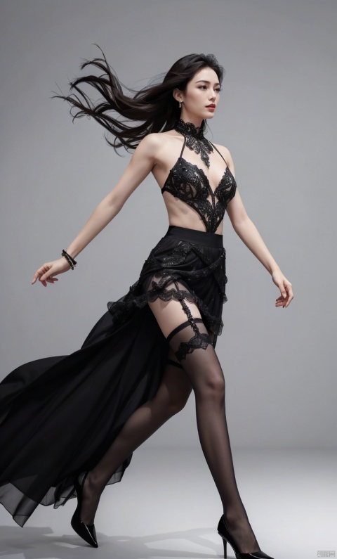  elegant asian woman in a black Mosaic dress,dance, Fairy, crystal, jewels,black, Crystal clear,standing,dynamic pose,(the skirt sways with the wind:1.2),(skirt_hold:1.2),(stockings,sock garters),high heels,Charming,sexy,sideways_glance,exquisite facial features,slim legs,graceful yet melancholic posture,full shot,dutch angle,from_side,medium_shot,soft lighting,dramatic,perfect lighting,simple_background,(masterpiece, realistic, best quality, highly detailed, Ultra High Resolution, Photo Art, profession,cinematic_angle),plns,sw,1girl, dress,nature,colorful,