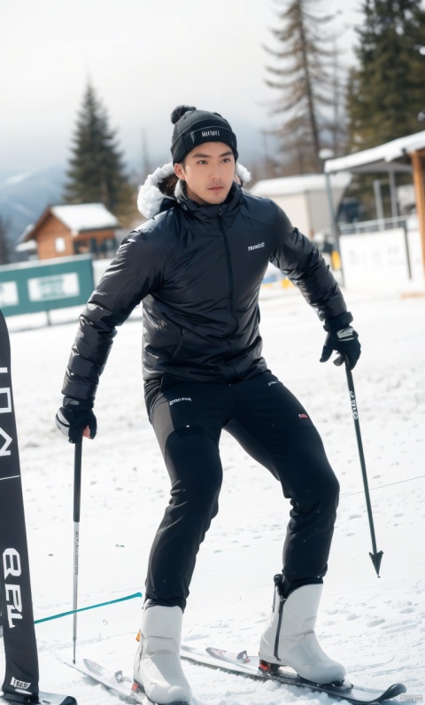  1man,(masterpiece, realistic, Realism, best quality, highly detailed, 8K Ultra HD, sharp focus, profession),asian,skiing,exquisite facial features,handsome,tall,male focus, (tight clothes),(snow_boots),Feet on skis,gloves,muscular,full body,winter,falling_snow,ski resort,blurry,cyberpunk,Dynamic angle,1man