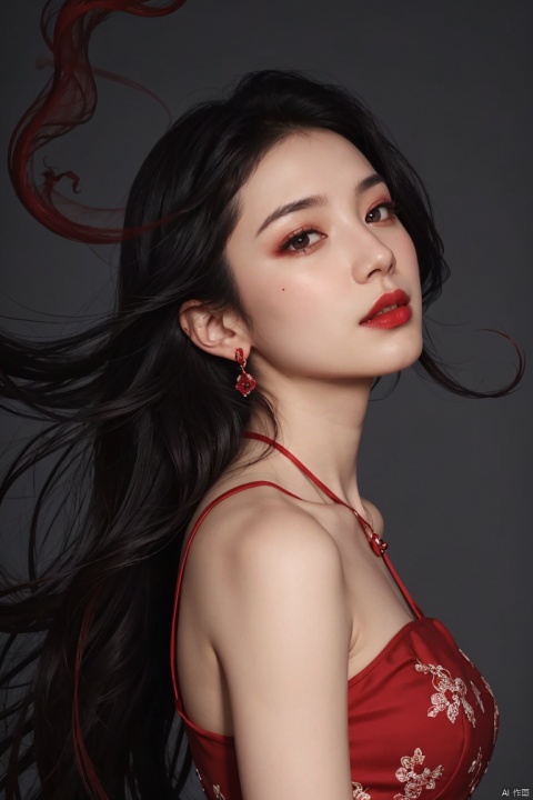  1girl,solo,asian,red smoke,blue smoke,jewelry,earrings,long hair,flowerr,dress,looking at viewer,lips,upper body,red dress,black hair,bare shoulders,makeup,floating hair,snail polish,,ray_traycing,best quality,masterpiece,realistic,cinematic_lighting,
