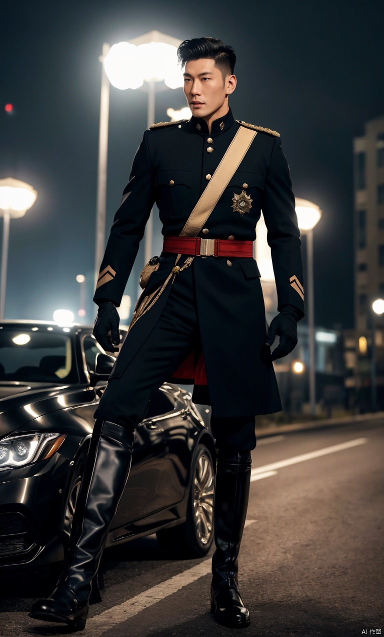  1man,asian,exquisite facial features,handsome,tall,male focus,military_uniform,(black knee_boots),gloves,armband,muscular,full body,model pose, (ambient light),(cinematic composition),Accent Lighting,Volumetric lighting,blurry,(masterpiece, realistic, best quality, highly detailed:1.2),(photorealistic:1.3),full shot,High-end fashion photoshoot,outdoors,Dynamic angle, jzns