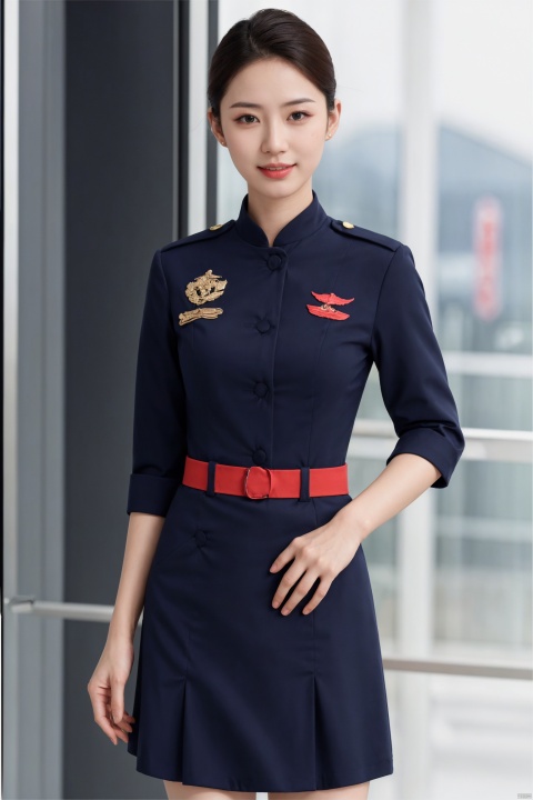 plns,kongjie,1girl,aviation uniforms,asian,pretty,Charming,exquisite facial features,skirt,dress,full shot,blurry,(masterpiece, realistic, best quality, highly detailed, profession),