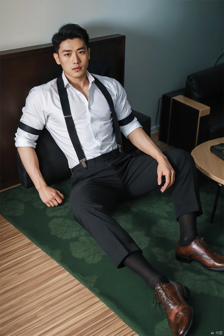  jzns,1man,male focus,asian,exquisite facial features,handsome,shirt,Suspenders,armband,pants,(sheer socks),footwear,sitting,Volumetric lighting,blurry,full shot,masterpiece, realistic, best quality, highly detailed, Ultra High Resolution,profession, zuk
