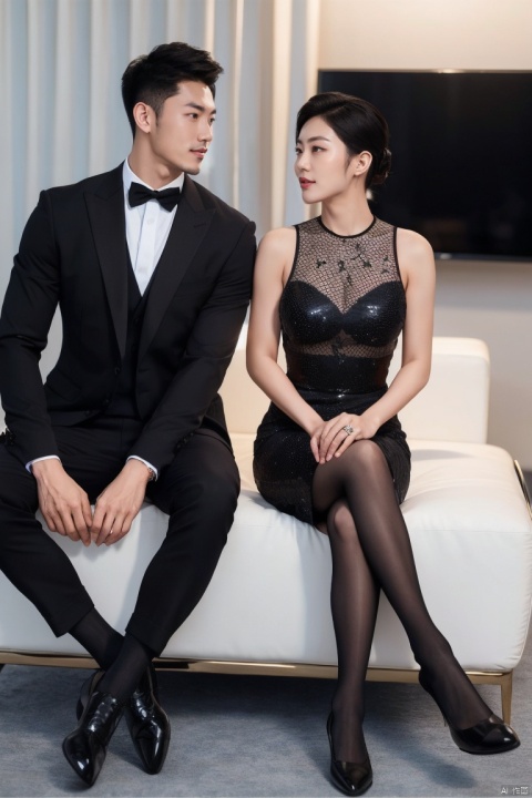 pjcouple,1boy and 1girl,sitting,Asian,exquisite facial features,(muscular man wearing formal suit,formal sheer socks,footwear), (slim woman wearing black Mosaic dress,black pantyhose), face to face, affectionate, charming,Volumetric lighting,full shot,Ultra High Resolution,profession,High-end fashion photoshoot,(masterpiece, realistic, best quality, highly detailed),jzns,plns,kongjie, pjcouple